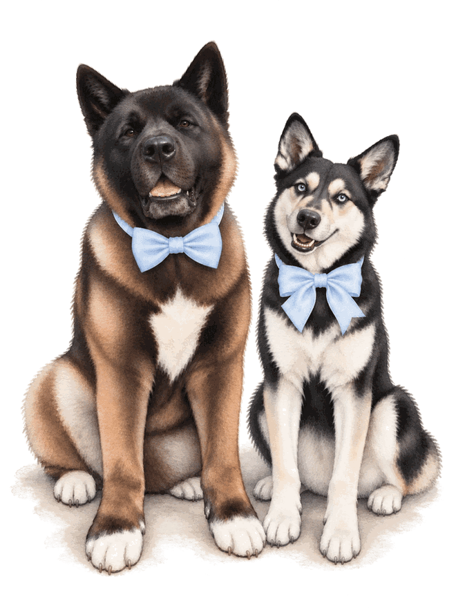Watercolor portrait of Andrea and Austin’s two dogs wearing powder blue bow ties